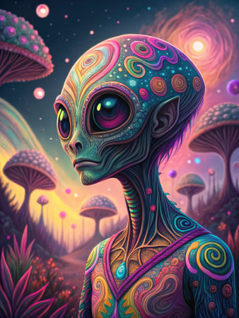 An extraterrestrial being with intricate patterns stands amidst a surreal landscape filled with colorful mushrooms and glowing orbs.の写真素材