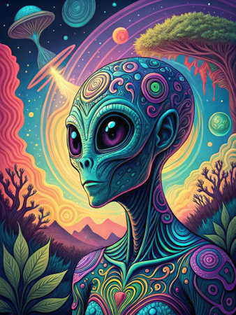 A colorful alien figure stands against a surreal backdrop filled with swirling clouds, distant mountains, and planets. The sky glows with purple and green hues, enhancing the otherworldly atmosphere.の写真素材