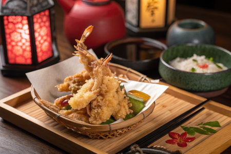 Soft shell crab tempura is elegantly plated on a bamboo tray, complemented by colorful accompaniments. Lanterns and other traditional tableware set the warm atmosphere.の写真素材