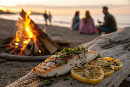 Freshly grilled fish fillet, garnished with charred lemon slices and herbs, is placed on driftwood...