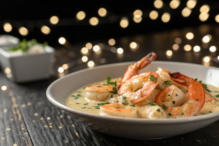 Creamy garlic sauce envelops plump shrimp, creating a rich dish presented on a wooden table. Soft lights in the background enhance the inviting indoor setting, perfect for a dinner gathering.の写真素材