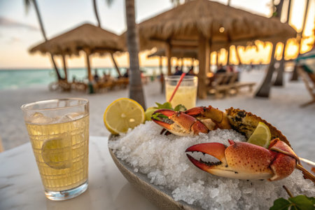 Fresh crab claws are elegantly displayed on crushed ice, accompanied by lemon wedges. In the background, beach huts and palm trees create a tropical atmosphere as the sun sets.の写真素材