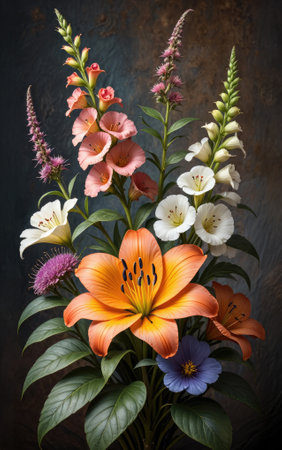 A stunning array of flowers features vibrant lilies, foxgloves, and other blooms arranged beautifully against a dramatic backdrop. The colors blend harmoniously to create a striking visual effect.の写真素材