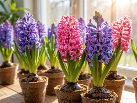 Vibrant purple and pink hyacinth flowers bloom in pots on a wooden table. Sunlight streams through the window, illuminating the beautiful petals, signaling the arrival of spring.の写真素材