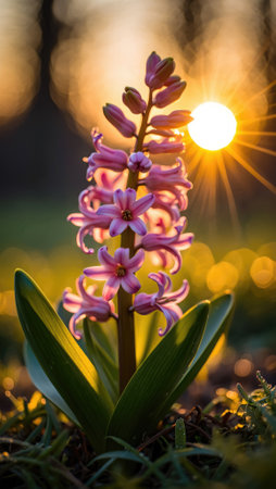 Delicate pink hyacinth flowers bloom in a lush garden as the sun sets in the background, casting a warm golden glow. Gentle light reflects off the petals, enhancing their beauty.の写真素材