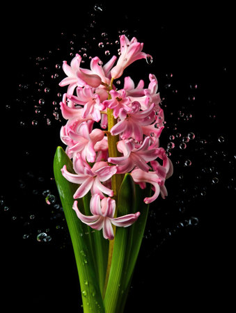 A vibrant pink hyacinth flower stands tall with lush green leaves. Tiny water droplets surround it,...