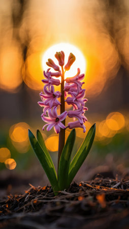 A vibrant pink flower stands tall against a stunning sunset. The warm sunlight creates a magical bokeh effect, illuminating the delicate petals while casting a gentle glow on the ground.の写真素材