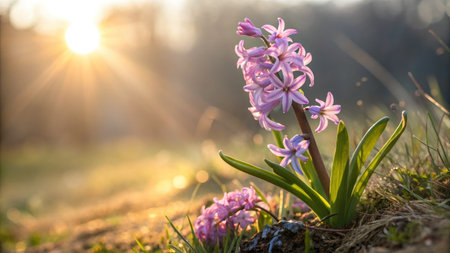 Soft sunlight bathes vibrant pink flowers in a serene outdoor setting during early spring. Fresh...