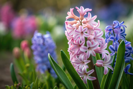 Pink and blue hyacinths create a colorful display in a lush garden. The flowers are set against a blurred background of various blossoms, highlighting the textures and hues of spring.の写真素材