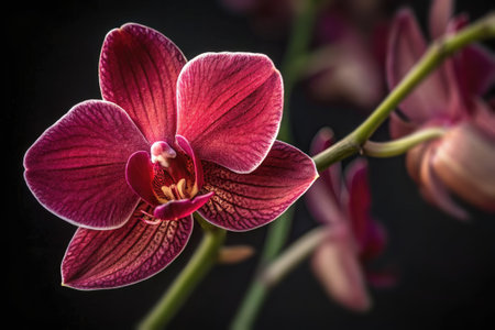 A striking pink orchid with delicate petals showcases its intricate patterns and vibrant color against a dark backdrop. The flower radiates natural beauty and elegance.の写真素材