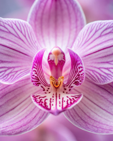 This captivating floral display features a pink orchid with intricate patterns and delicate petals, set against a softly blurred background. The vibrant colors enhance its beauty.の写真素材