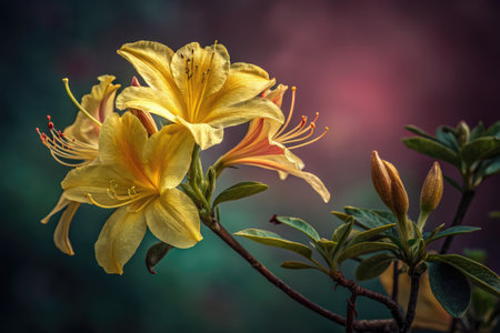 Bright yellow azalea flowers bloom gracefully on their branches, adding vibrant color to a serene garden. The delicate petals are surrounded by lush green leaves, capturing the essence of spring.の写真素材