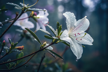 Raindrops cling to the petals of white flowers as they bloom amidst lush greenery. Soft morning light filters through the trees, creating a tranquil atmosphere in the forest.の写真素材