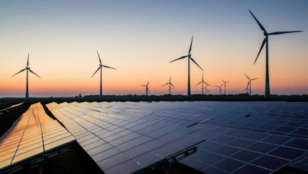 Solar panels capture sunlight as wind turbines spin in the background during a colorful sunset. This renewable energy landscape exemplifies sustainable power solutions.の写真素材