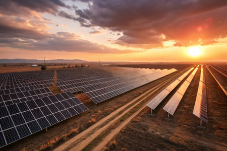 Solar panels stretch across the open field, capturing sunlight as the sun sets on the horizon. The...