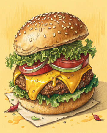 This artwork features a classic cheeseburger, showcasing layers of juicy beef, melted cheese, crisp lettuce, and fresh tomatoes.の写真素材