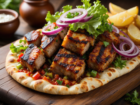 Juicy grilled meat skewers are arranged on a flatbread, accompanied by fresh vegetables, sliced onions, and lemon wedges. The dish showcases vibrant colors and a hearty presentation.の写真素材