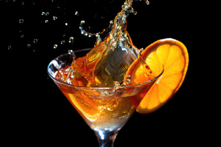 A vibrant cocktail splashes in a glass showcasing ice cubes and fresh orange slice. The dynamic movement captures the refreshing nature of the drink against a dark background.の写真素材