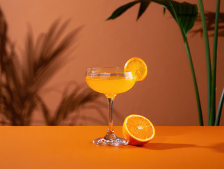 A vibrant orange cocktail is presented in a chic glass, garnished with a slice of orange. The backdrop features warm orange tones, enhancing the drinks cheerful appearance.の写真素材