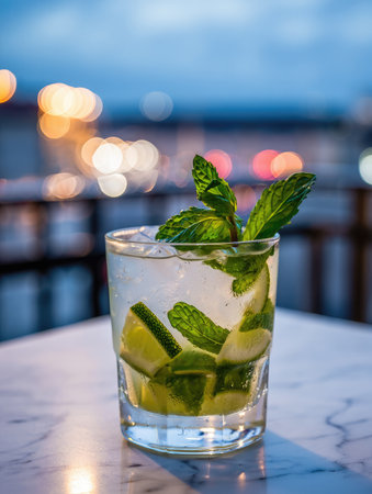 A refreshing cocktail made with mint leaves, lime wedges, and ice sits on a marble table. Soft city lights create a vibrant background during twilight, enhancing the relaxing ambiance.の写真素材