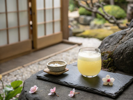A single pale yellow yuzu cocktail sits elegantly on a stone slab next to a bowl of rice. Cherry blossom petals are scattered nearby, enhancing the tranquil garden atmosphere.の写真素材