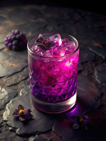 A vibrant blackberry gin cocktail is presented in an elegant glass filled with ice and garnished with edible flowers. The drinks deep purple hue contrasts beautifully against the dark slate backdrop.の写真素材