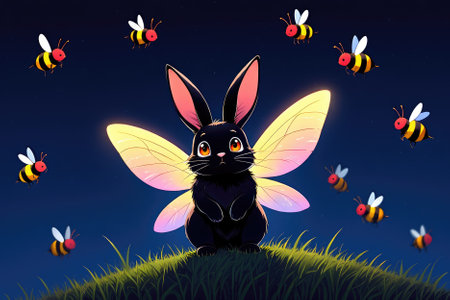 A black rabbit with colorful butterfly wings stands on a grassy hill under a starry night sky....