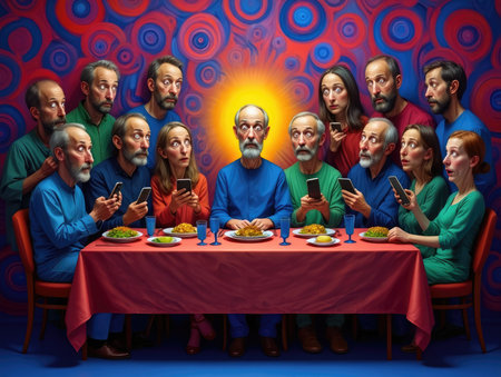 Gathered around a table, figures are engaged with their smartphones during a meal, creating a contrast between tradition and modernity.の写真素材