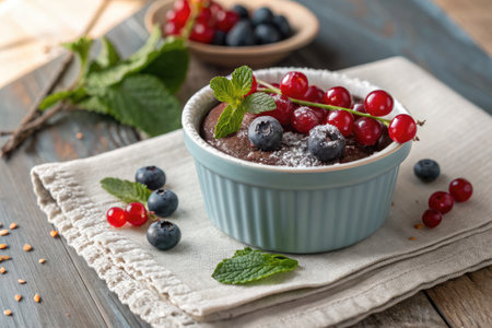 A light blue ceramic ramekin is filled with rich dark chocolate dessert, topped with bright red...