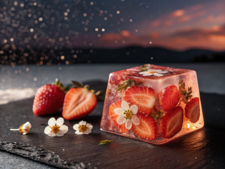 A family shares a joyful moment at sunset, savoring translucent strawberry jelly cubes adorned with fresh strawberries and blossoms. The atmosphere is warm and inviting.の写真素材