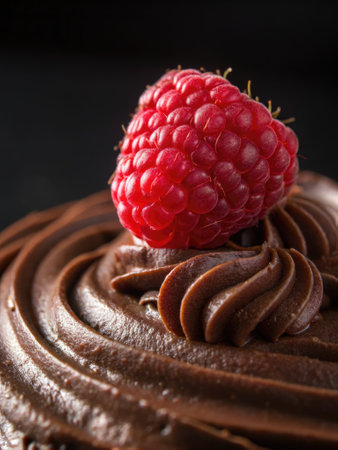 A perfectly ripe raspberry is placed atop a rich chocolate dessert, showcasing a delightful treat perfect for family gatherings. Joyful moments are shared around this enticing sweet delight.の写真素材