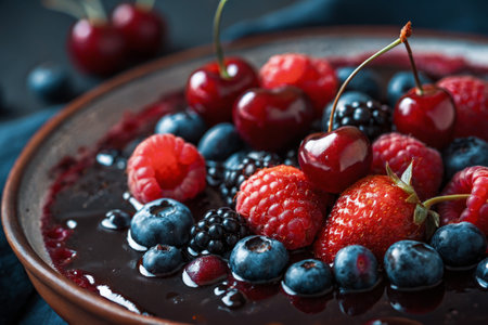 A delightful selection of fresh mixed berries, including red raspberries and cherries, is served in a charming bowl while a happy family shares moments in a cozy kitchen setting.の写真素材