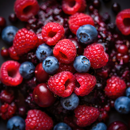A happy family enjoys a delightful dessert made of fresh raspberries and blueberries during a sunny afternoon. The vibrant colors of the berries add to the festive atmosphere.の写真素材