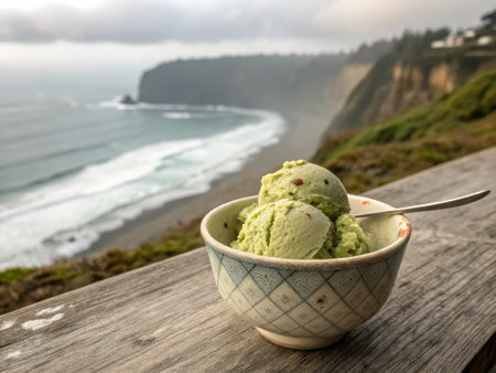 A scoop of pistachio gelato sits in a cracked ceramic bowl on a wooden surface with stunning coastal views. Family is enjoying this sweet treat on a beautiful day by the ocean.の写真素材