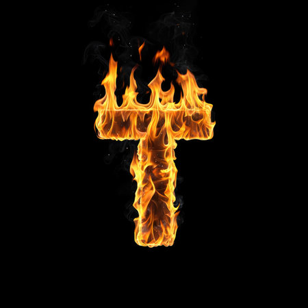 The fiery letter T, formed from flames against a stark black background, showcases an alphabet design.の写真素材