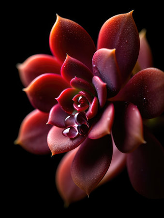 A stunning close up showcases a rich red succulent with intricate petals. The dark background...