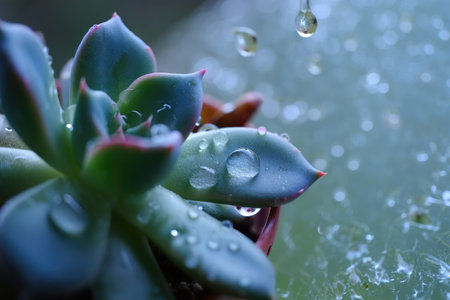 A close up view of a succulent plant displaying delicate water droplets on its leaves. Natural sunlight highlights the vibrant colors and textures, enhancing the fresh, serene atmosphere.の写真素材