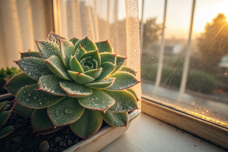 A green succulent with vibrant edges sits on a windowsill, covered in water droplets. The warm light of sunset filters through sheer curtains, creating a serene atmosphere.の写真素材
