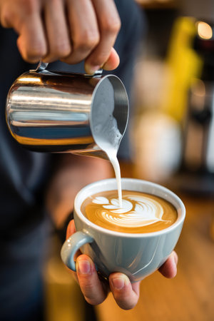 A skilled barista pours steamed milk into a latte, creating intricate art on top. The warm ambiance of the coffee shop enhances the experience as customers enjoy their drinks.の写真素材