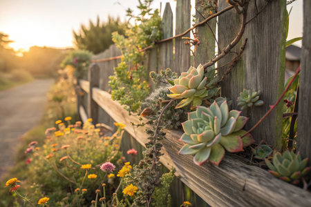A rustic wooden fence adorned with colorful flowers and lush succulents catches the warm glow of sunset. The peaceful scene invites tranquility and appreciation for natures beauty.の写真素材