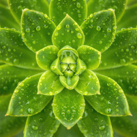 This vibrant succulent features a rosette shape with rich green leaves. Water droplets glisten on the surface, highlighting the plants texture and freshness in a natural setting.の写真素材