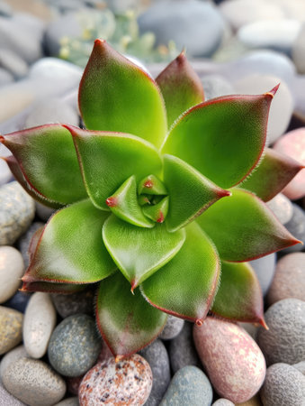 Succulent plant with vibrant green leaves and reddish edges rests atop a bed of smooth, colorful pebbles in a natural landscape. The arrangement highlights the plantâs intricate patterns and textures.の写真素材