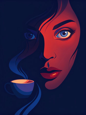 A striking pop art illustration showcases a womans captivating blue eyes and bold red lips, complemented by a steaming coffee cup. The dark backdrop enhances the vibrant colors and details.の写真素材