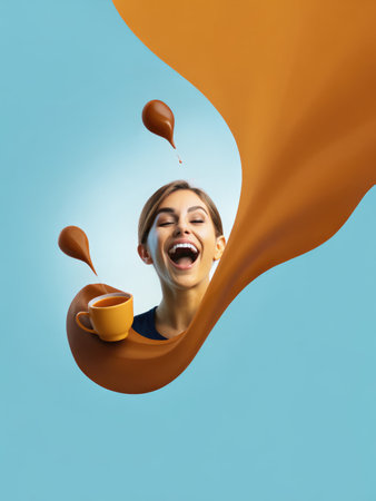 A vibrant vector design shows a woman laughing heartily, immersed in a joyful coffee moment.