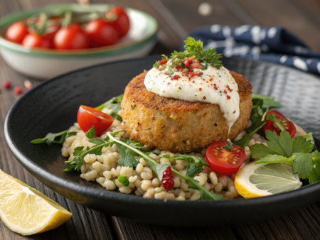 This meal features a golden brown breaded crab cake sitting atop a bed of pearl couscous, garnished...