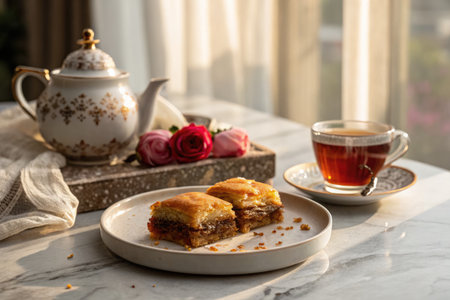 Turkish baklava pieces are presented on a plate alongside a cup of rose tea. The exquisite marble surface enhances the luxurious feel of this delightful afternoon treat.の写真素材