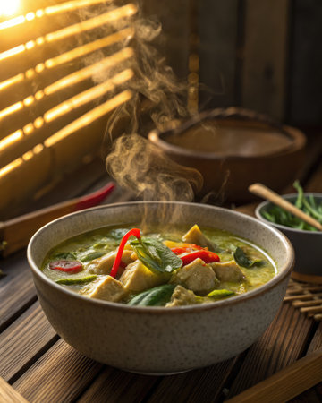 A steaming bowl of Thai green curry is served with vibrant peppers and fresh herbs. The setting features natural light filtering through wooden slats, enhancing the inviting atmosphere.の写真素材