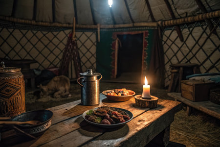 Inside a cozy yurt, the traditional boodog feast is presented with flame seared goat meat on a rustic table. The setting reflects Mongolian culture, with dim lighting and authentic decor.の写真素材