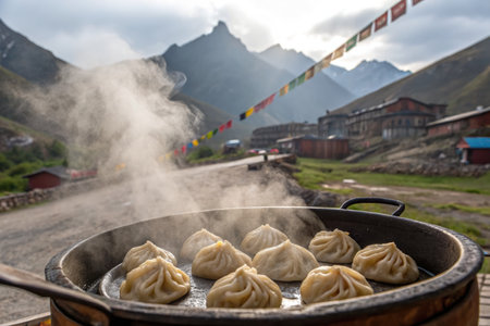 Freshly prepared Tibetan momo dumplings are steaming on a traditional clay stove in a picturesque mountain village.の写真素材