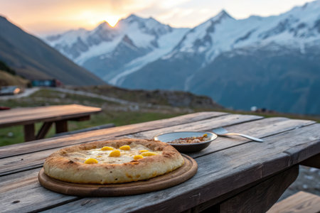 Fresh khachapuri is served on a wooden table outdoors, with snow capped Georgian mountains and a vibrant sunset in the background. A side dish complements the meal.の写真素材
